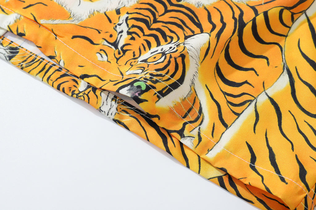 DONOTLOGO Roaring Tiger Head Cuban Collar Shirt | Vintage Style | All-Over Tiger Print | Relaxed Fit, Slimming