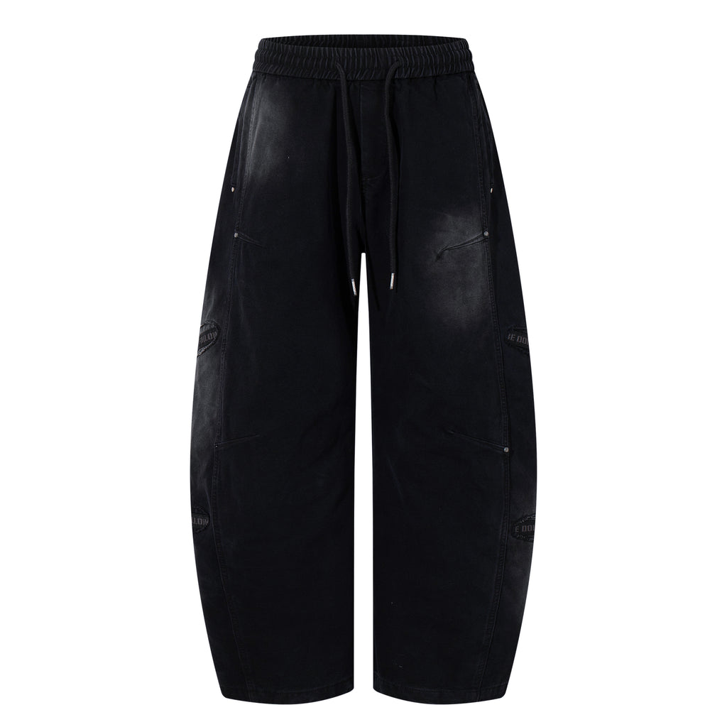 Unisex Distressed Washed Black Drawstring Denim Jeans