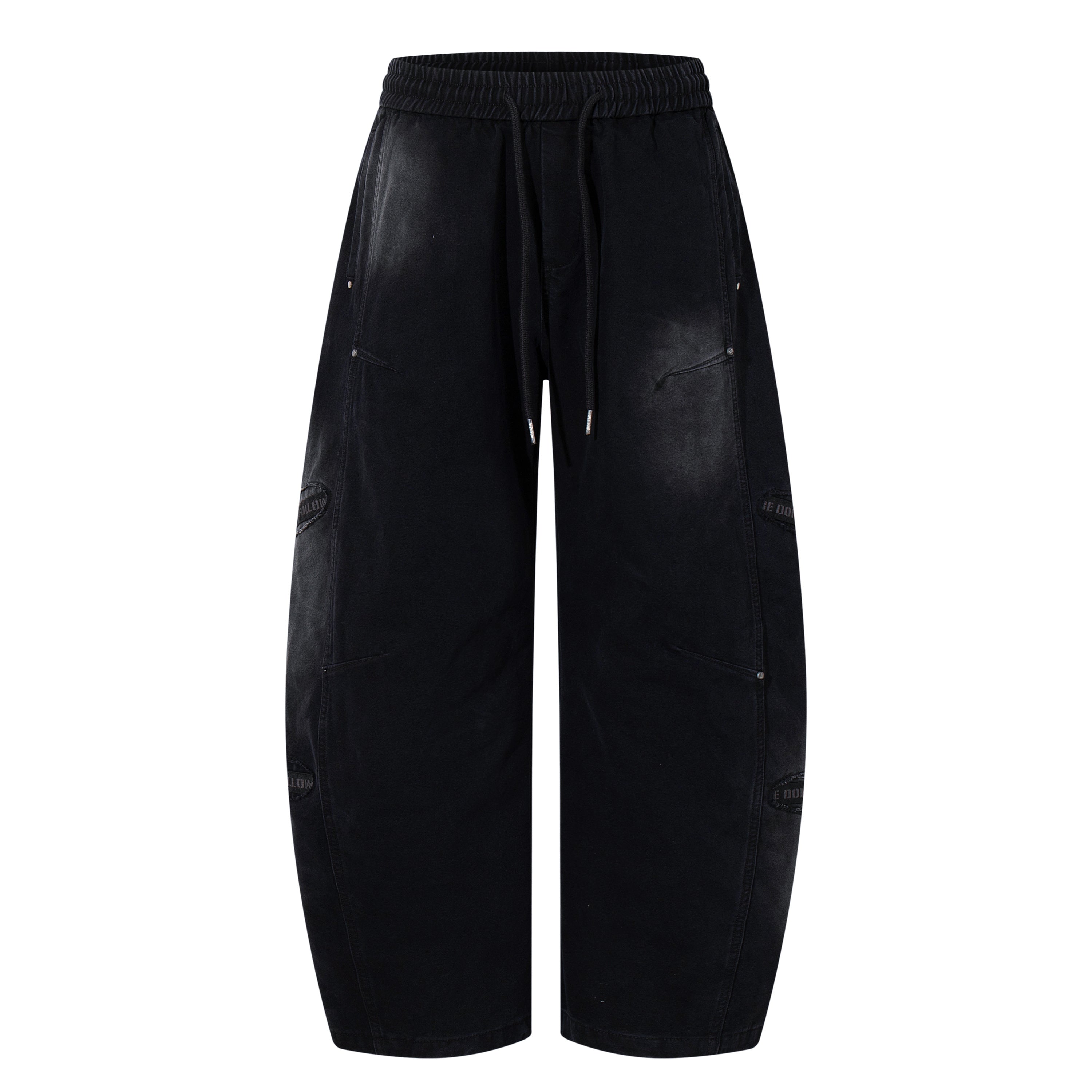Unisex Distressed Washed Black Drawstring Denim Jeans