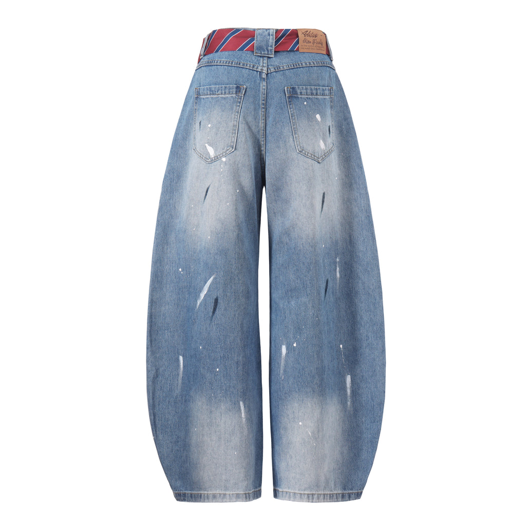 DONOTLOGO High Street Vibe Aesthetic | Unisex Oversized Baggy Jeans | Acid Wash with Tie Sash, Paint Splatter & Knee Dart Detail