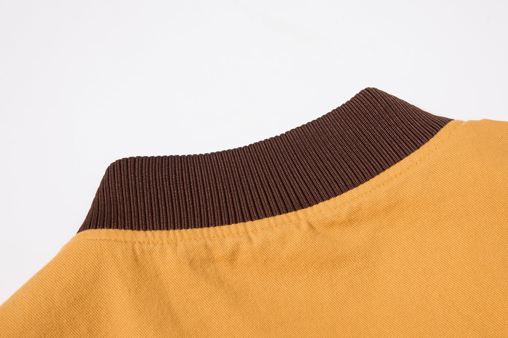 DONOTLOGO Retro Air Force Aesthetic | Unisex Heavyweight Cotton Bomber | Mustard Tone Workwear Jacket with Vintage Badge Details & Ribbed Trim
