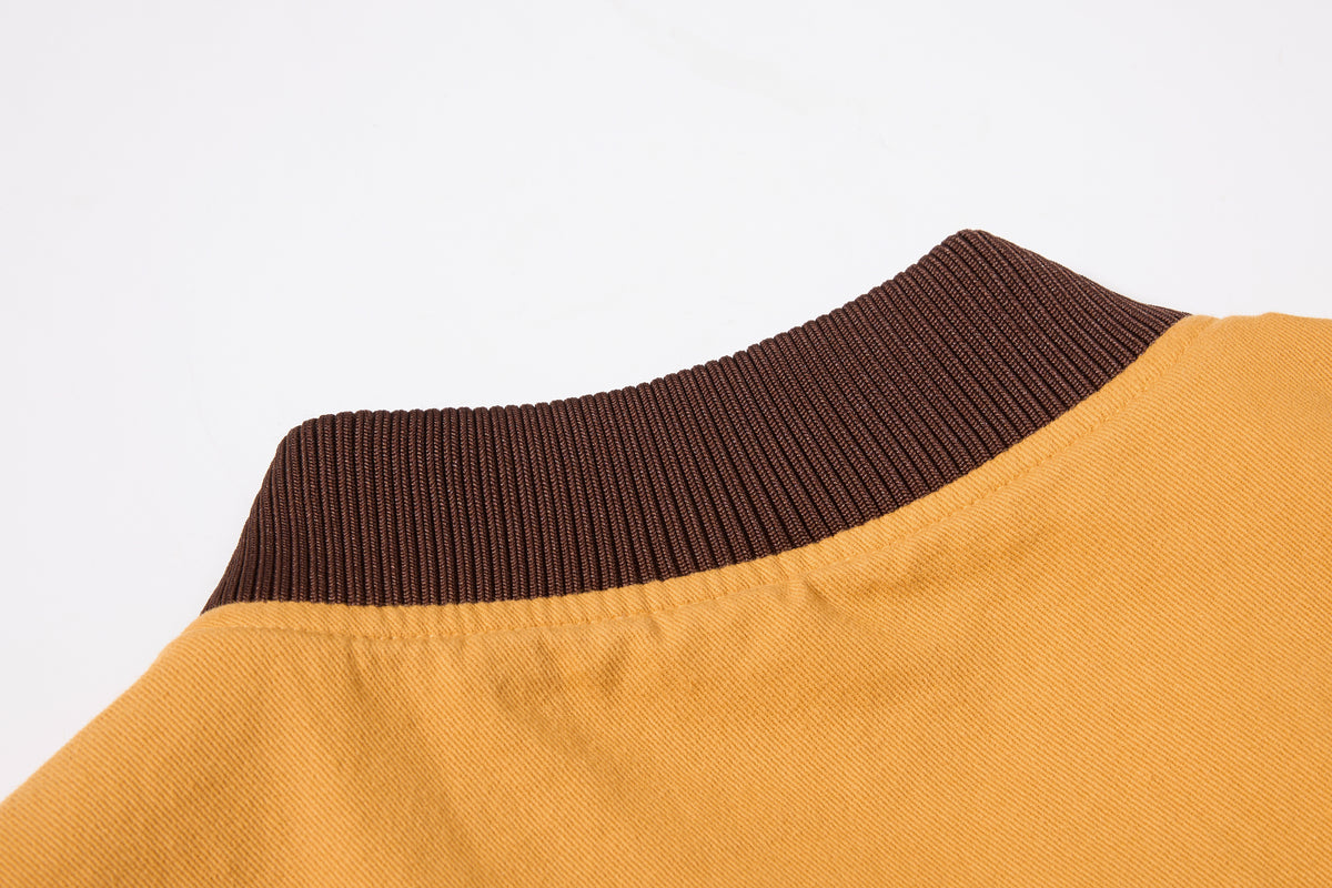 DONOTLOGO Retro Air Force Aesthetic | Unisex Heavyweight Cotton Bomber | Mustard Tone Workwear Jacket with Vintage Badge Details & Ribbed Trim