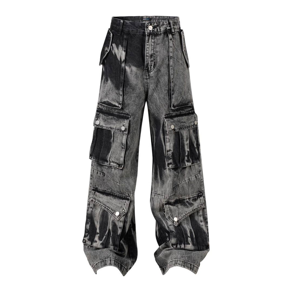 DONOTLOGO "Acid Wash" Heavyweight Cargo Denim - Distressed Tie-Dye Wide Leg Jeans with Multi-Flap Pockets - American High Street Style