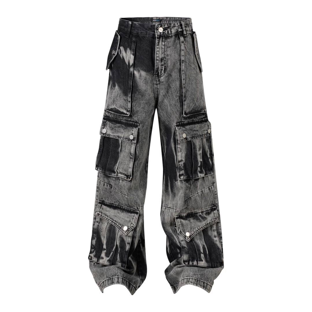 DONOTLOGO "Acid Wash" Heavyweight Cargo Denim - Distressed Tie-Dye Wide Leg Jeans with Multi-Flap Pockets - American High Street Style
