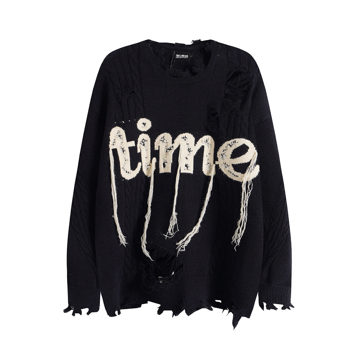 Unisex Streetwear Cable-Knit Sweater with Distressed Lettering