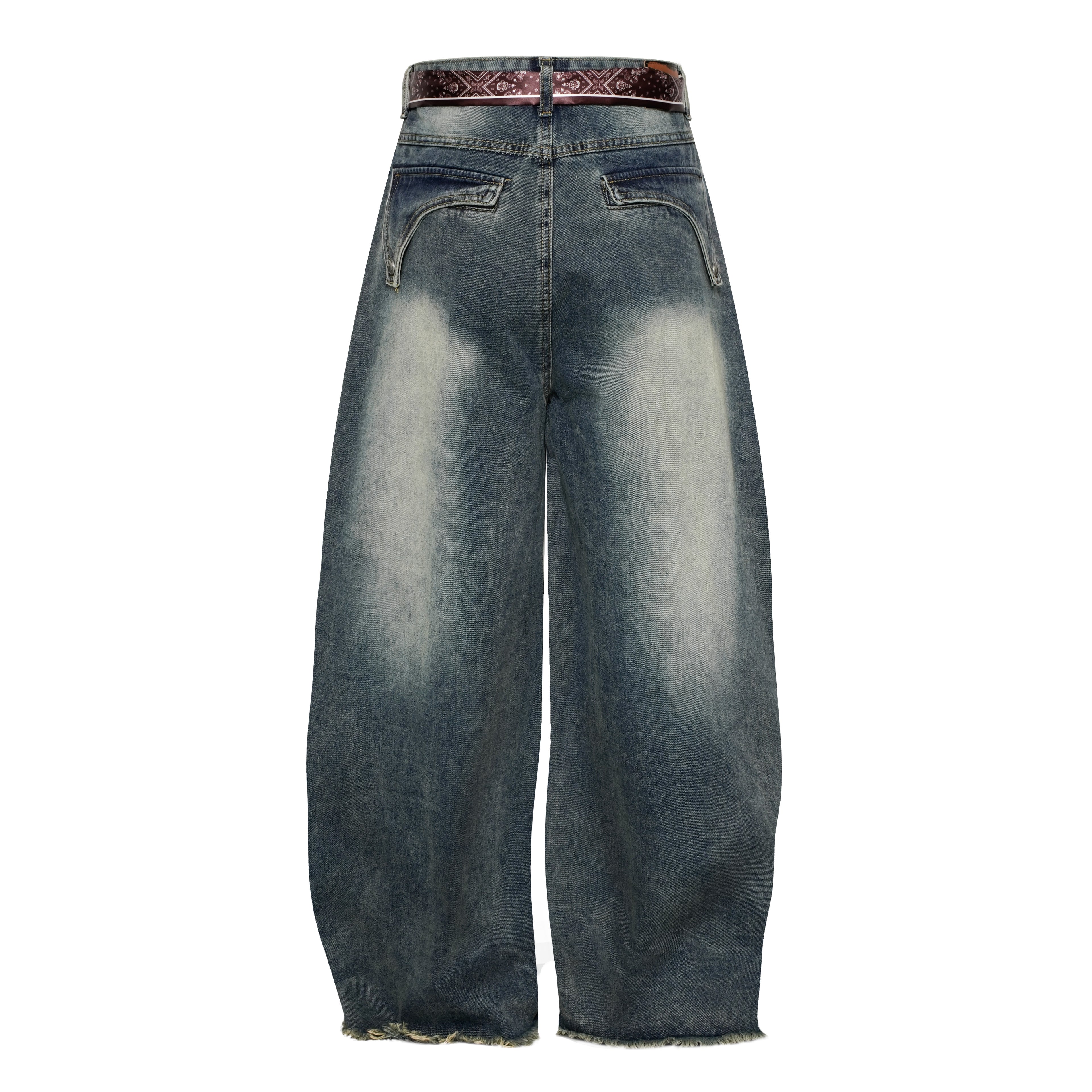 DONOTLOGO "Arc Seam" Distressed Denim - American High Street Baggy Jeans with Contrast Wash & Bandana Belt - Oversized Wide Leg Trousers