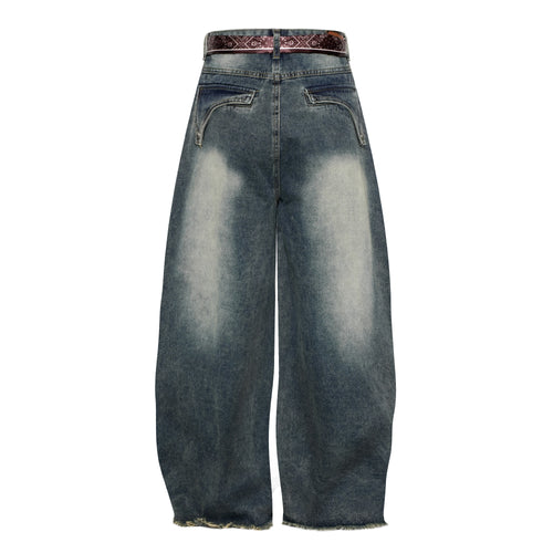 DONOTLOGO "Arc Seam" Distressed Denim - American High Street Baggy Jeans with Contrast Wash & Bandana Belt - Oversized Wide Leg Trousers