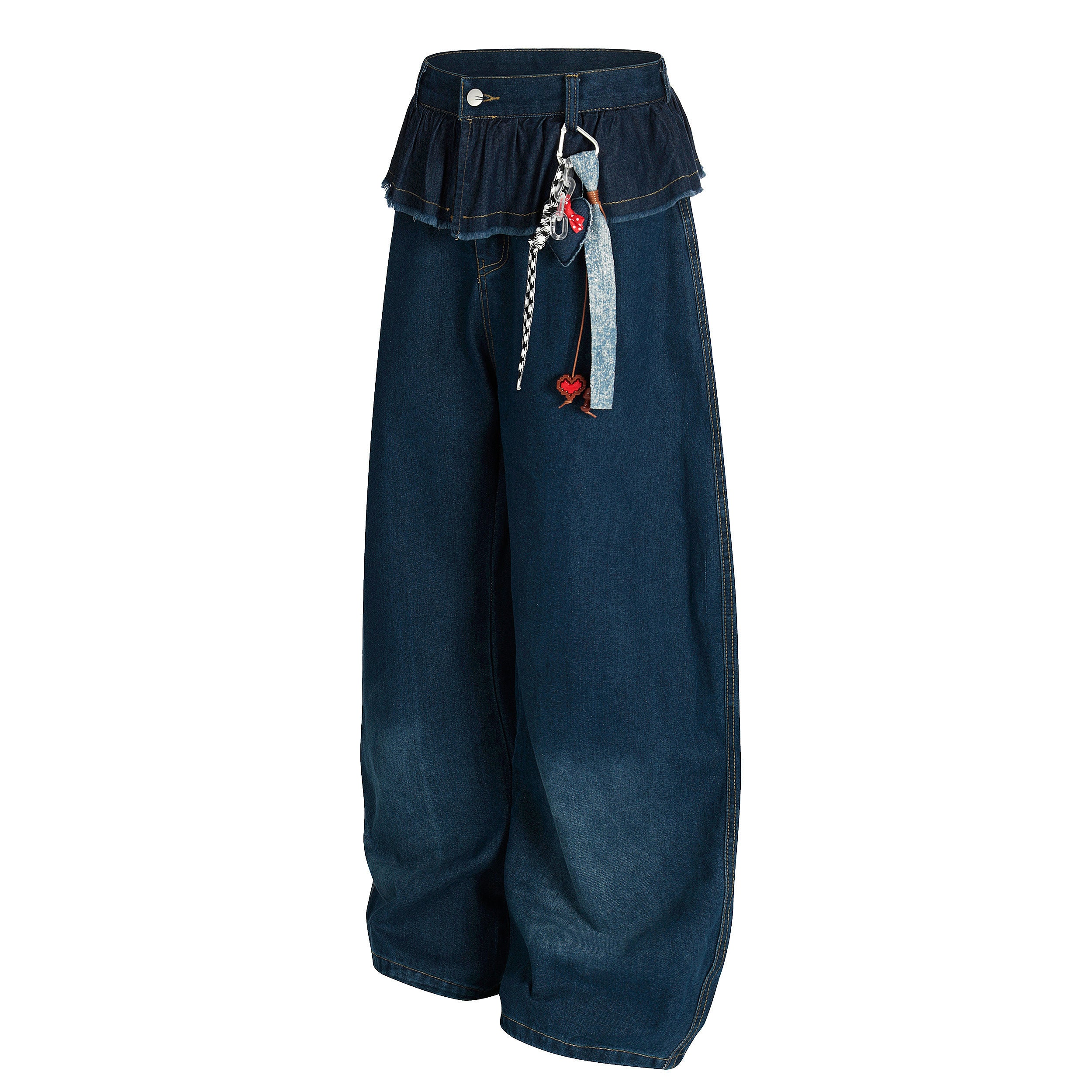 DONOTLOGO Sweet Streetwear Collection | Unisex Relaxed Fit Denim Jeans | Delicate Ruffle Waistband & Hanging Charm Motif with Classic Cotton Denim Fabric