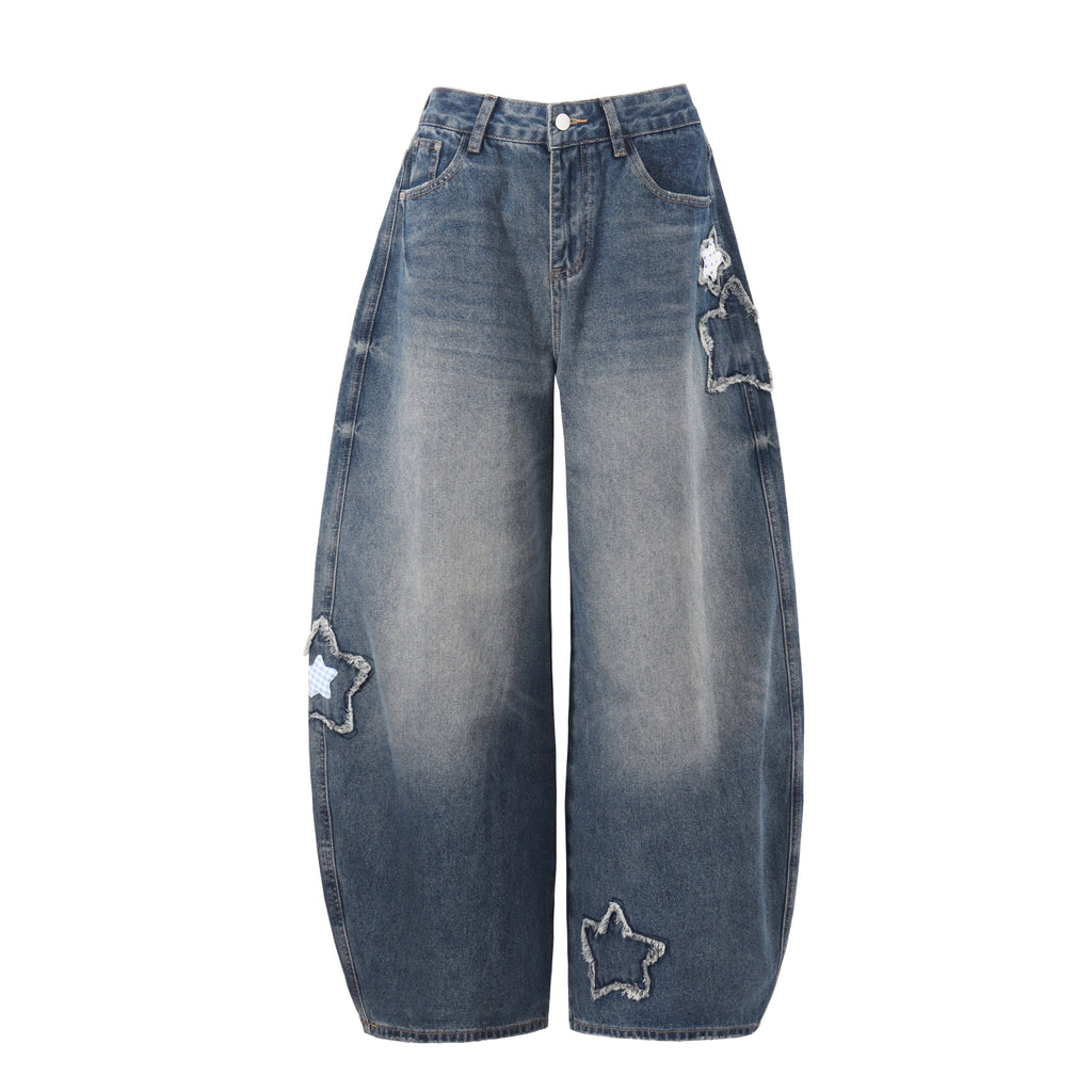 DONOTLOGO Retro Grunge Aesthetic | Unisex Baggy Star-Embellished Denim Trousers | Distressed Wash with Raw Edge Patches & Leather Brand Tag