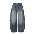 DONOTLOGO Retro Grunge Aesthetic | Unisex Baggy Star-Embellished Denim Trousers | Distressed Wash with Raw Edge Patches & Leather Brand Tag