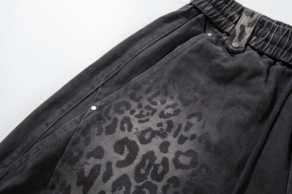 Unisex Trendy Streetwear Leopard-Print Gradient Distressed Curved-Leg Jeans