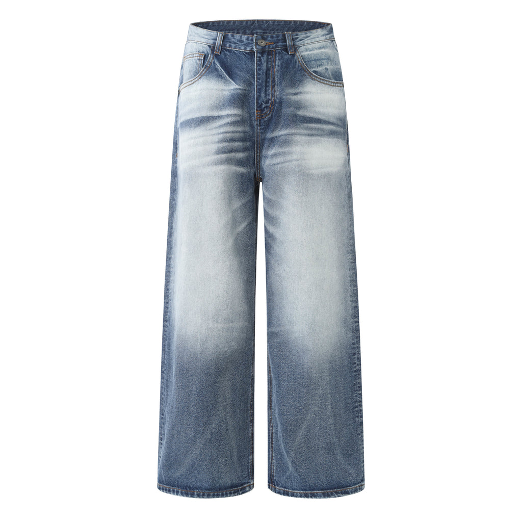 DONOTLOGO Retro Blue Baggy Denim Pants | Unisex Y2K Wide Leg Trousers with Natural Whiskering & Fade | High Street Relaxed Fit Bottoms