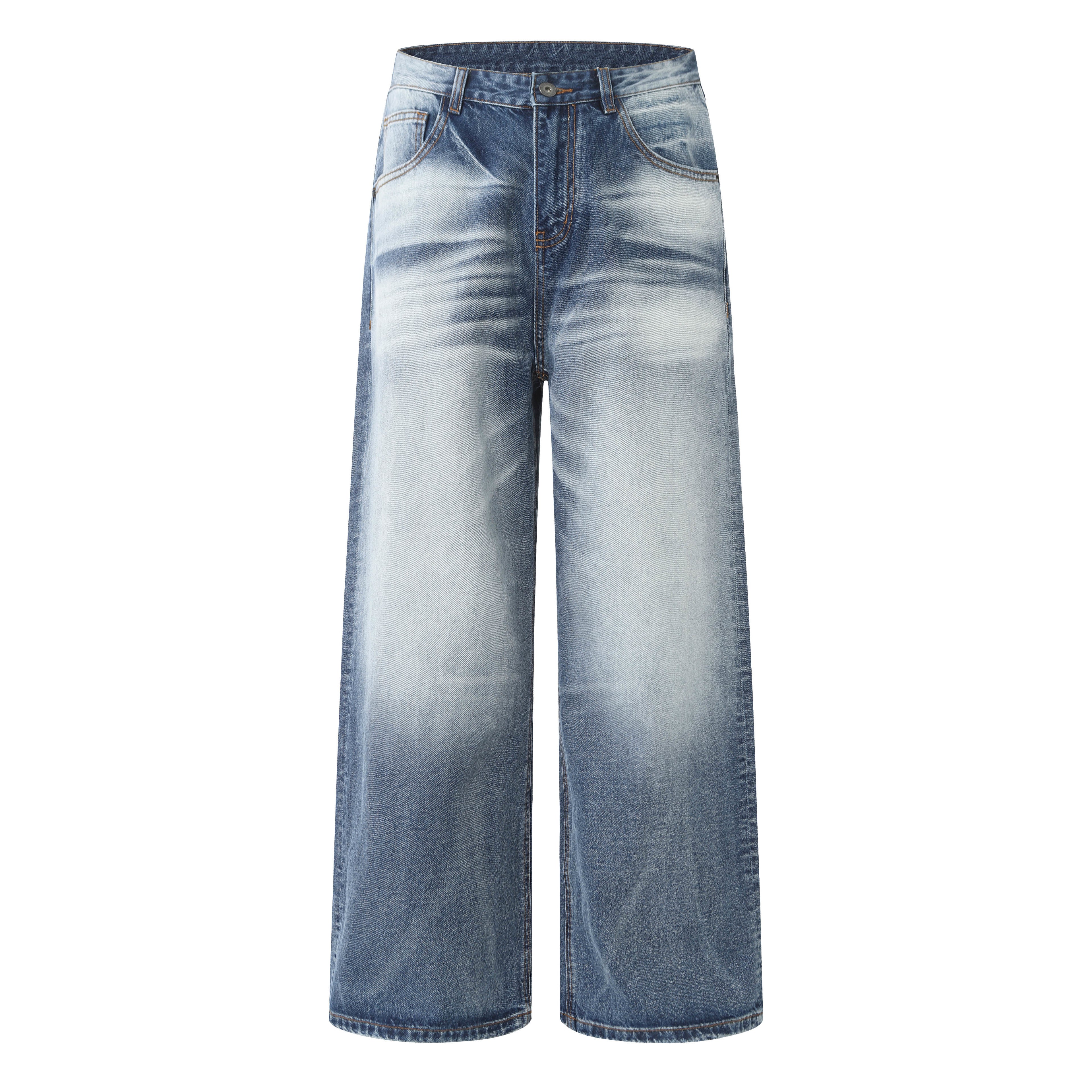 DONOTLOGO Retro Blue Baggy Denim Pants | Unisex Y2K Wide Leg Trousers with Natural Whiskering & Fade | High Street Relaxed Fit Bottoms