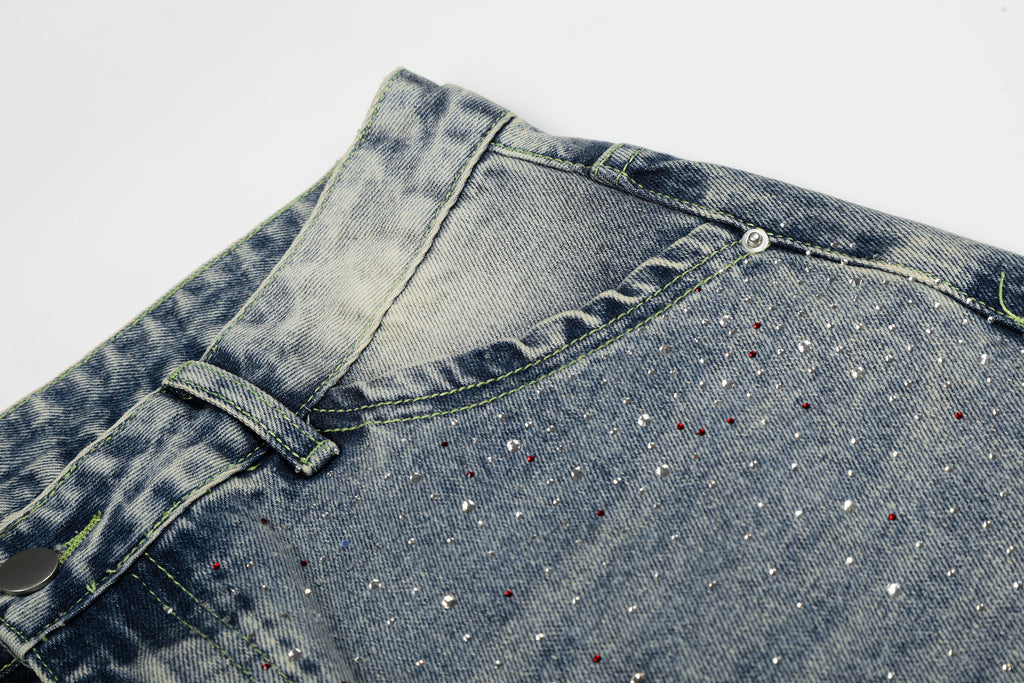 DONOTLOGO Glitter & Grit Collection | Unisex Relaxed Fit Denim Cropped Pants | Sparkling Rhinestone Detail with Vintage Wash Finish & High-Rise Waistband