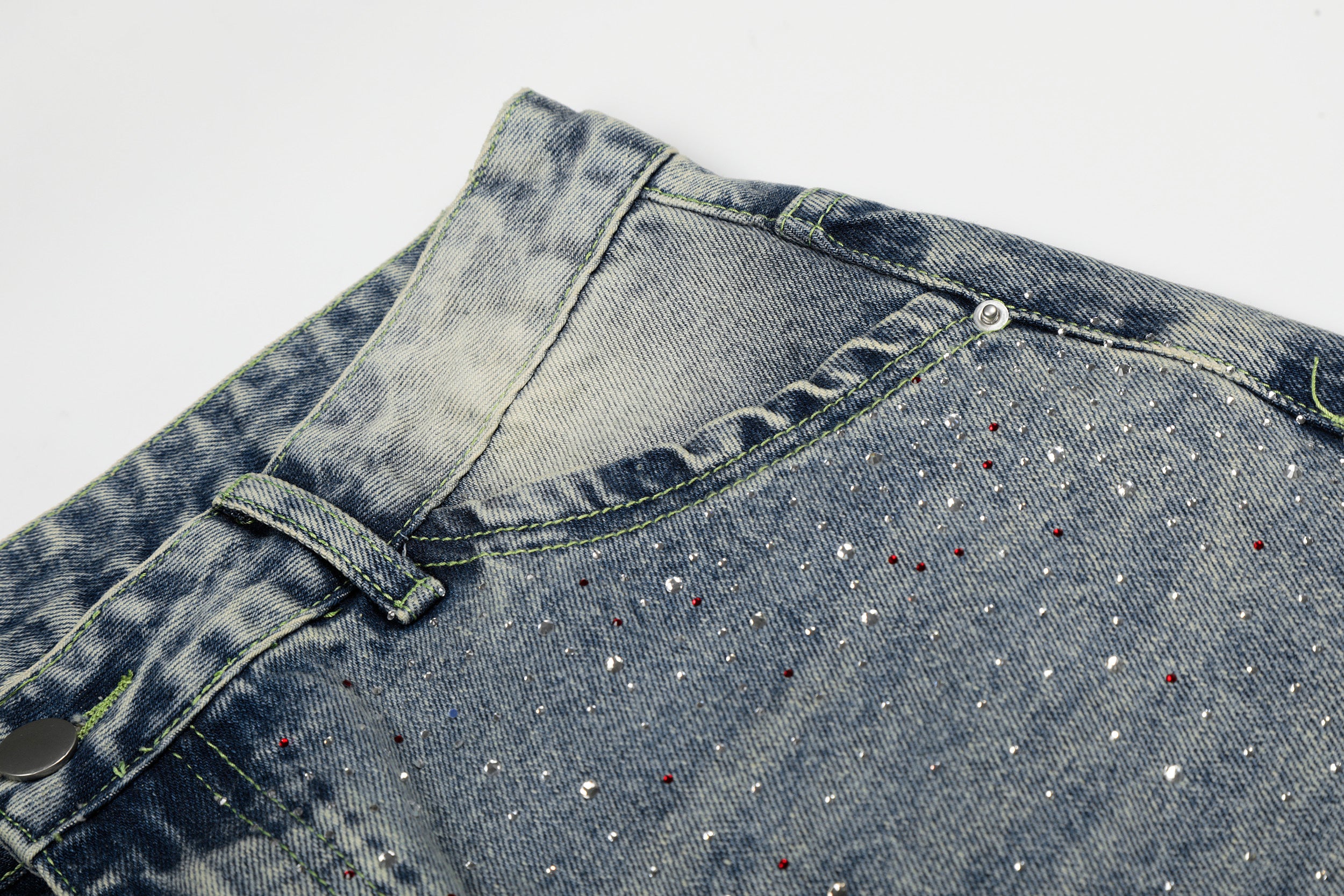 DONOTLOGO Glitter & Grit Collection | Unisex Relaxed Fit Denim Cropped Pants | Sparkling Rhinestone Detail with Vintage Wash Finish & High-Rise Waistband