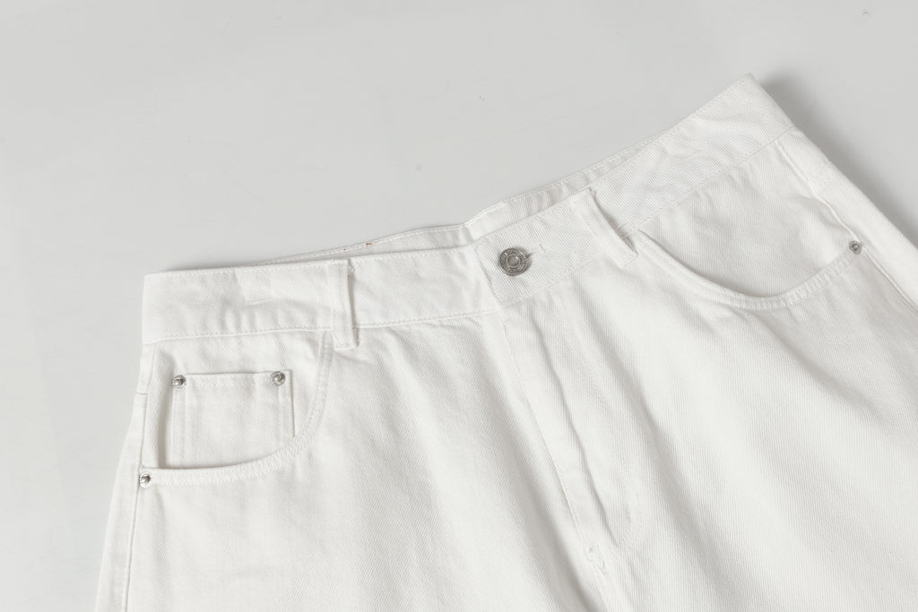 DONOTLOGO Urban Minimalist Collection | Unisex Relaxed Fit Denim Shorts | Clean White Silhouette & Leather Patch Detail with Breathable Cotton Fabric