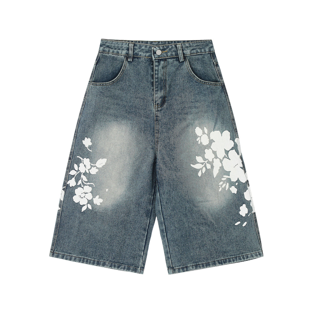 Unisex Floral Print Design Denim Jeans