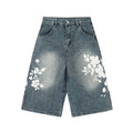Unisex Floral Print Design Denim Jeans