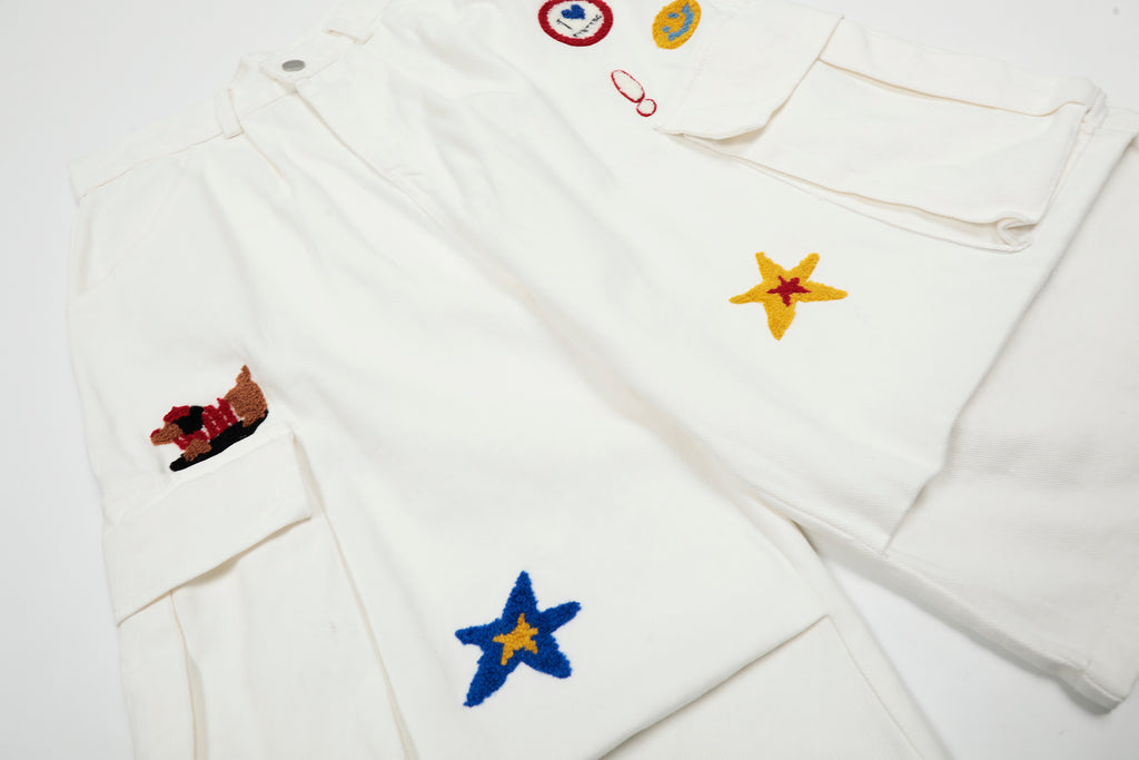 DONOTLOGO Unisex “Stay Childlike” Cargo Shorts | Star, Smiley & Puppy Patches | High-Waist, Multi-Pocket | Summer Streetwear Must-Have