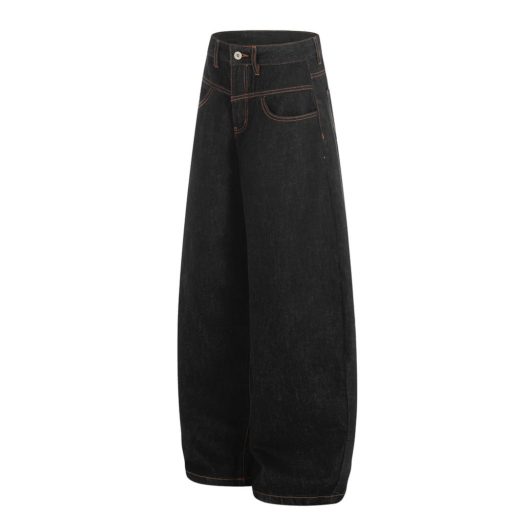 DONOTLOGO Urban Heritage Collection | Unisex Oversized Raw Denim Curved Leg Bottoms | Retro Aesthetic High-Rise Wide-Leg Jeans with Authentic Contrast Stitch Detail