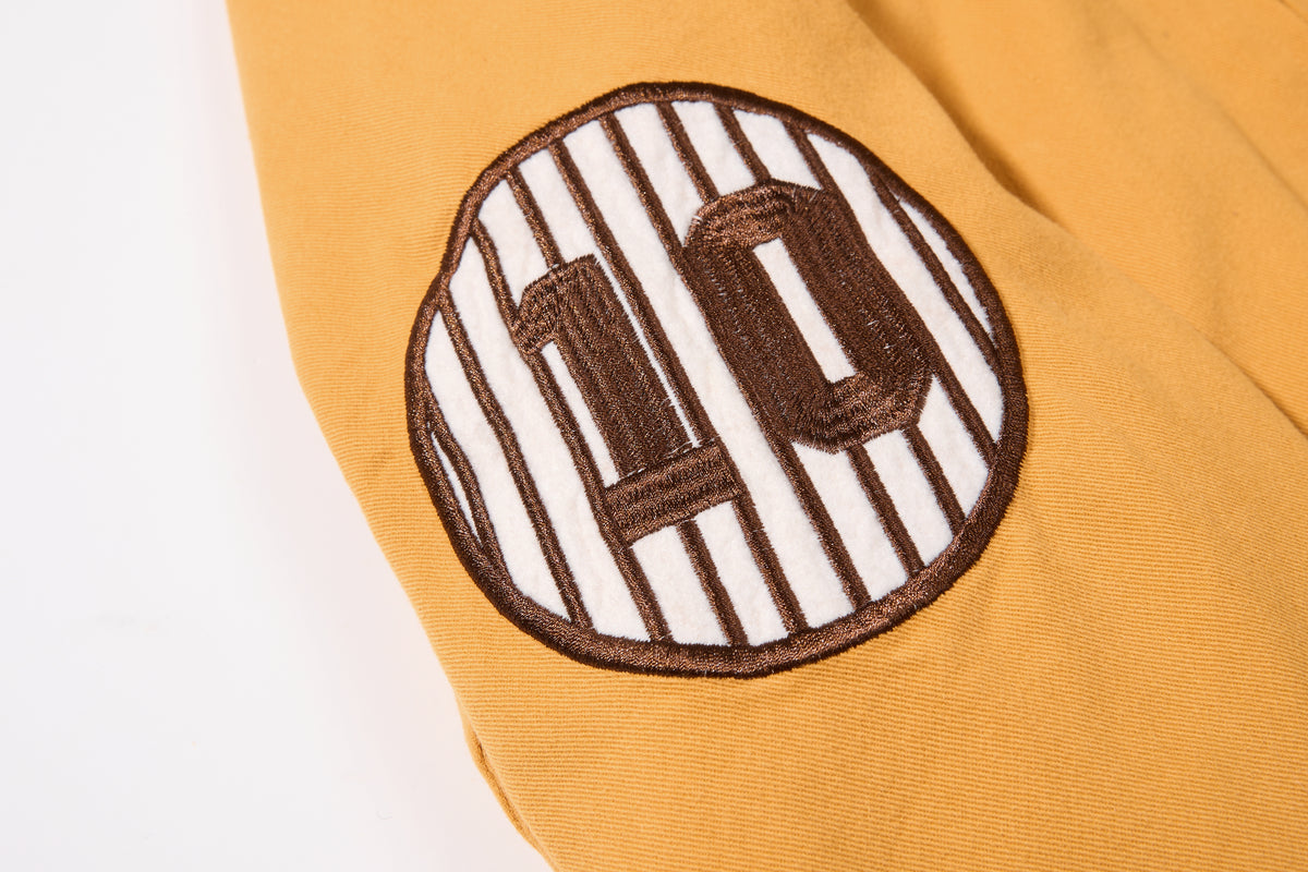 DONOTLOGO Retro Air Force Aesthetic | Unisex Heavyweight Cotton Bomber | Mustard Tone Workwear Jacket with Vintage Badge Details & Ribbed Trim
