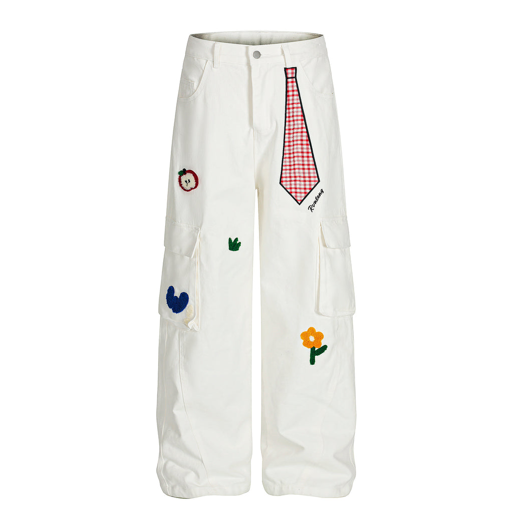 DONOTLOGO Urban Streetwear Collection | Unisex Relaxed Silhouette Cargo Jeans | Bold Plaid Tie & Fruit Motif & Soft Denim Fabric