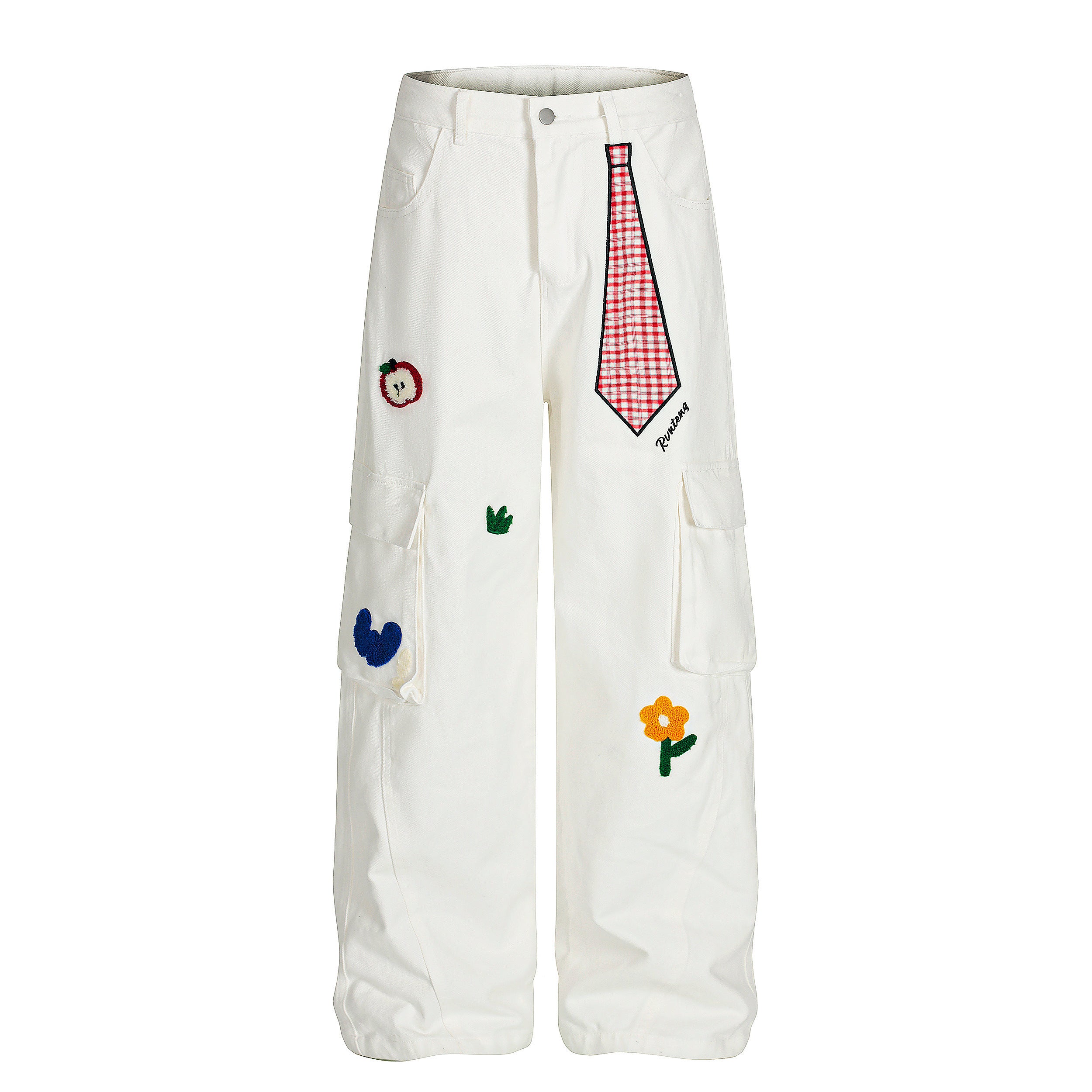 DONOTLOGO Urban Streetwear Collection | Unisex Relaxed Silhouette Cargo Jeans | Bold Plaid Tie & Fruit Motif & Soft Denim Fabric