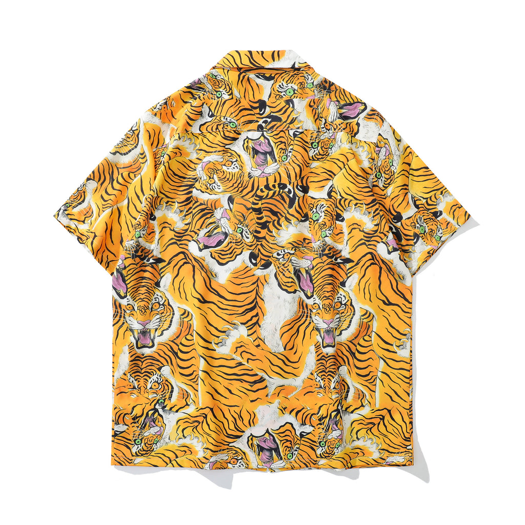 DONOTLOGO Roaring Tiger Head Cuban Collar Shirt | Vintage Style | All-Over Tiger Print | Relaxed Fit, Slimming