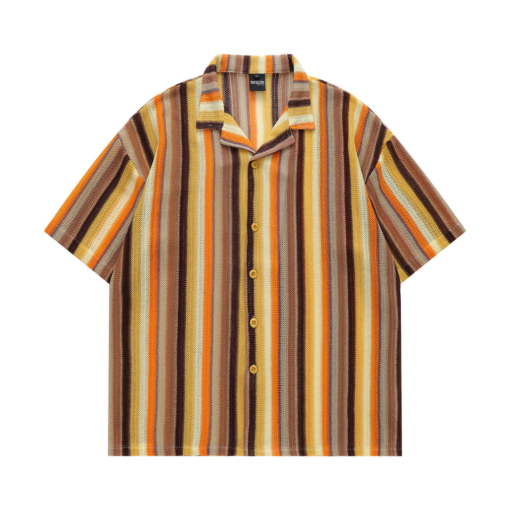 DONOTLOGO 70s Vibe Striped Knit Shirt | Unisex Y2K Cuban Collar Top with Zigzag Print | High Street Relaxed Fit Summer Blouse