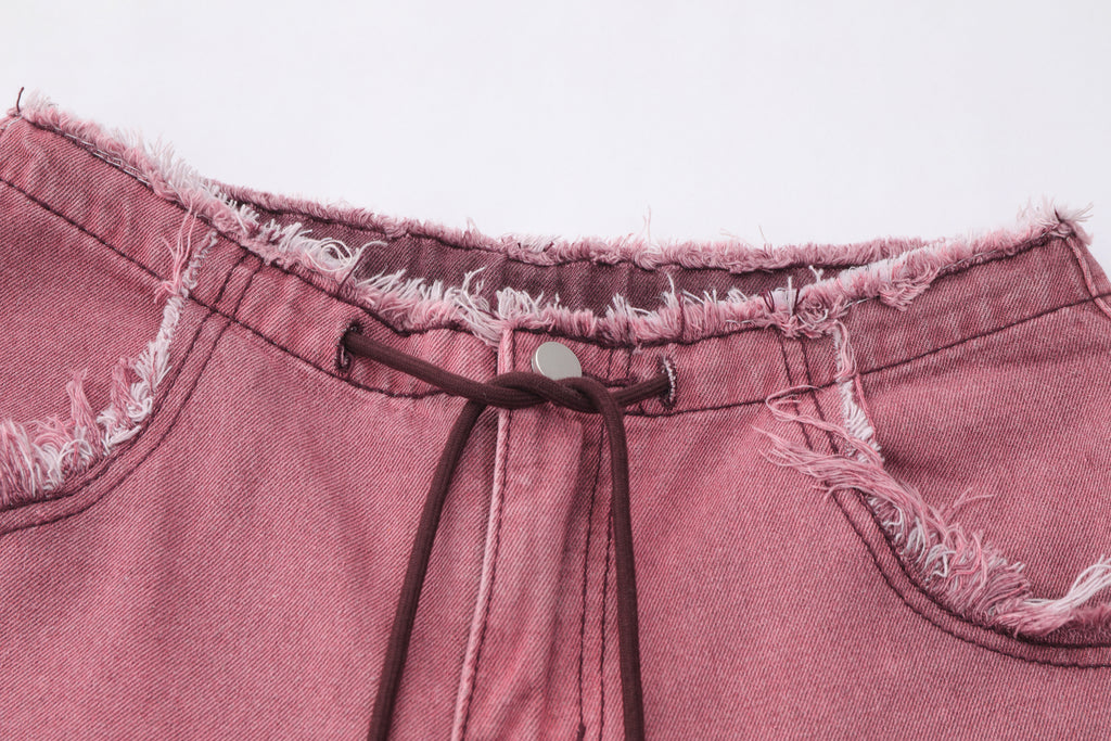 DONOTLOGO Ombre Letter Graphic Denim Shorts | Unisex Distressed Raw Hem Capris | Retro Streetwear Baggy Fit