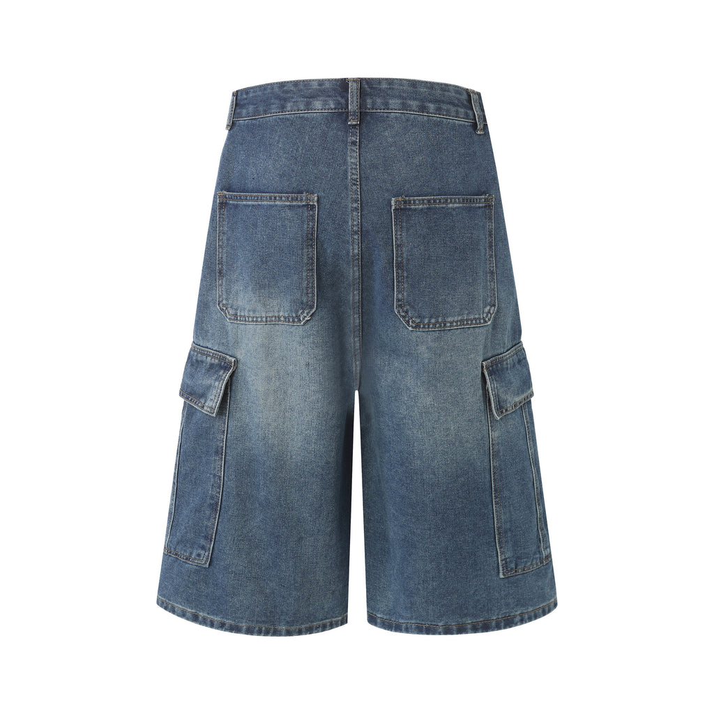DONOTLOGO Retro Blue Cargo Jean Shorts | Unisex Y2K Wide Leg Denim Shorts with Functional Pockets | High Street Relaxed Fit Bottoms