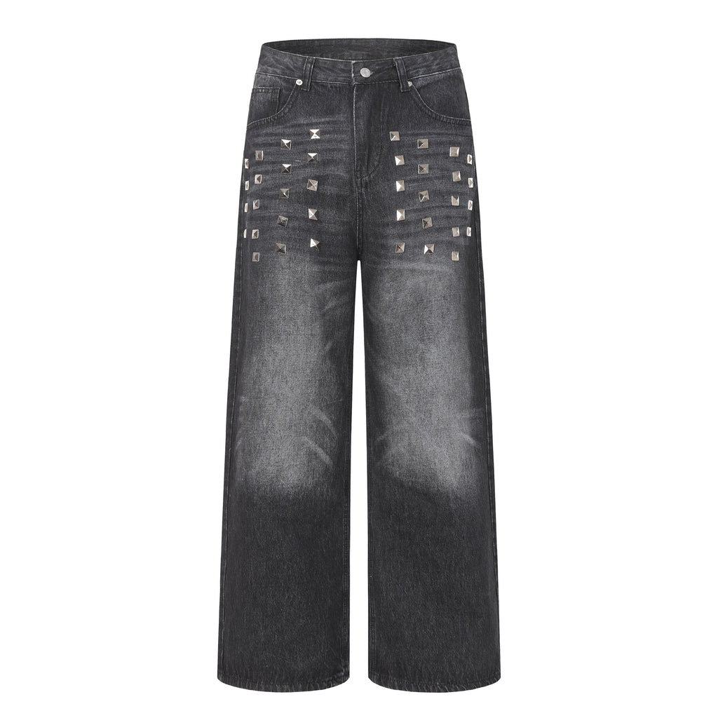 DONOTLOGO Deconstructed Black Baggy Denim Pants | Unisex Y2K Wide Leg Trousers with Bold Metal Studs | High Street Relaxed Fit Bottoms