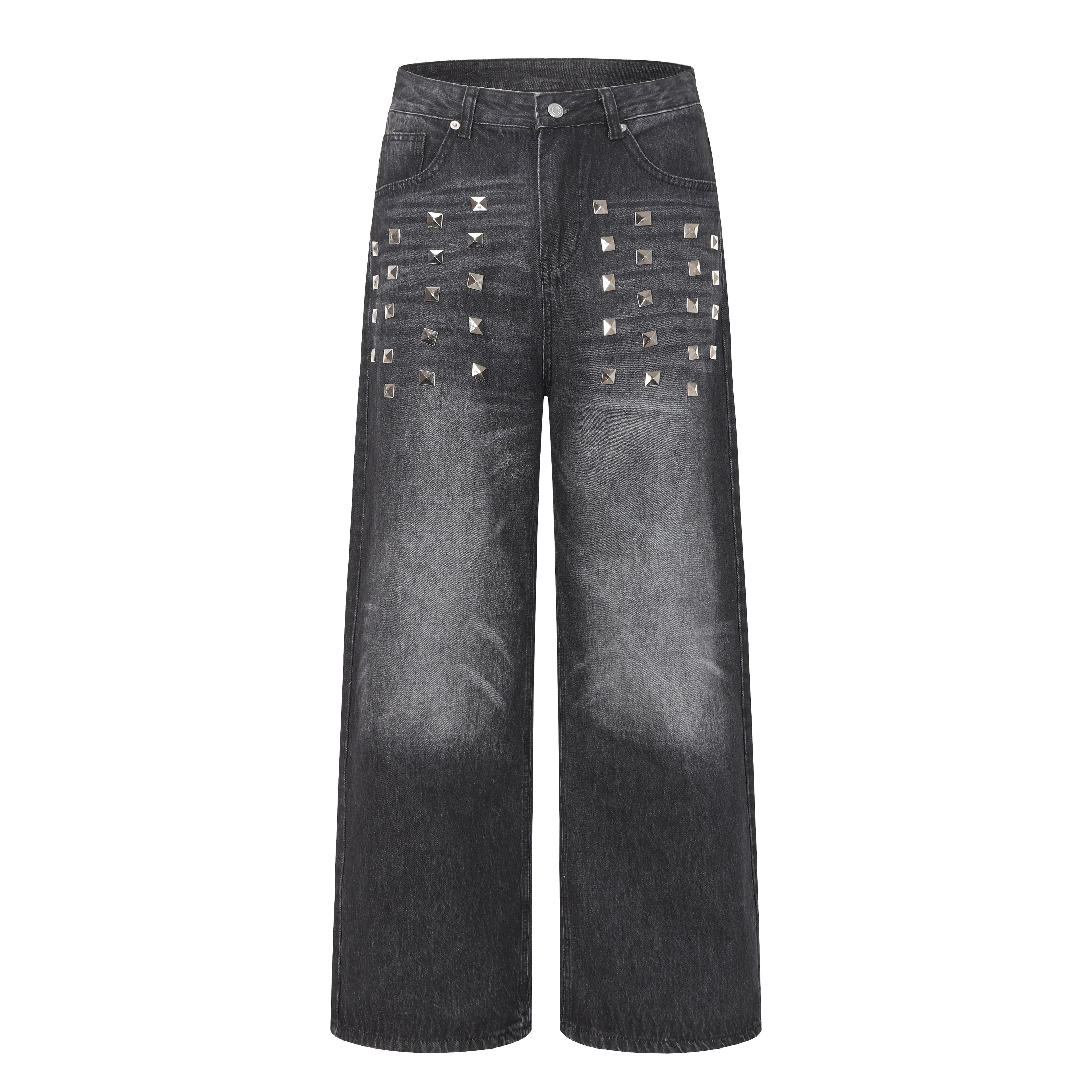 DONOTLOGO Deconstructed Black Baggy Denim Pants | Unisex Y2K Wide Leg Trousers with Bold Metal Studs | High Street Relaxed Fit Bottoms