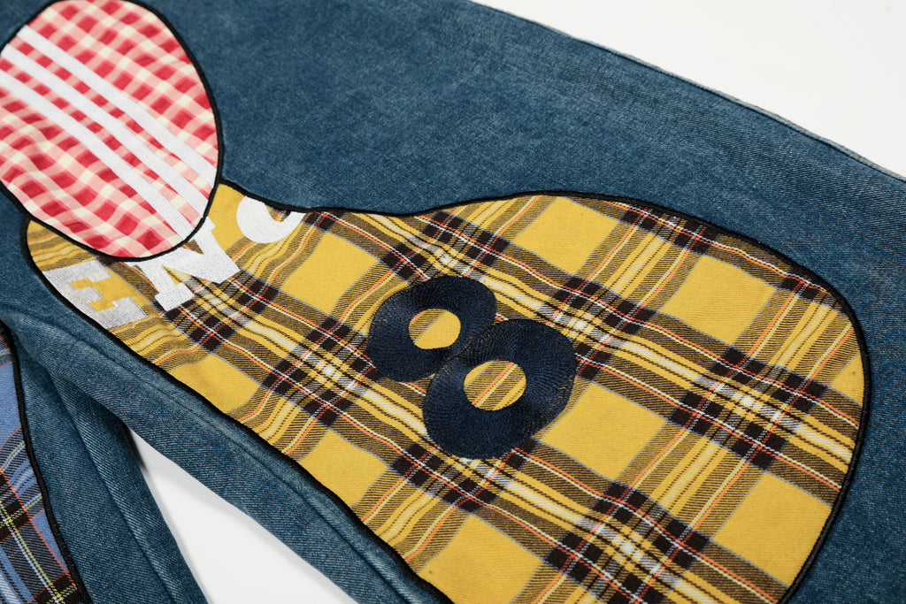 DONOTLOGO ：Urban Streetwear Collection | Unisex Relaxed Silhouette Jeans | Bold Plaid & Number Motif & Soft Denim Fabric