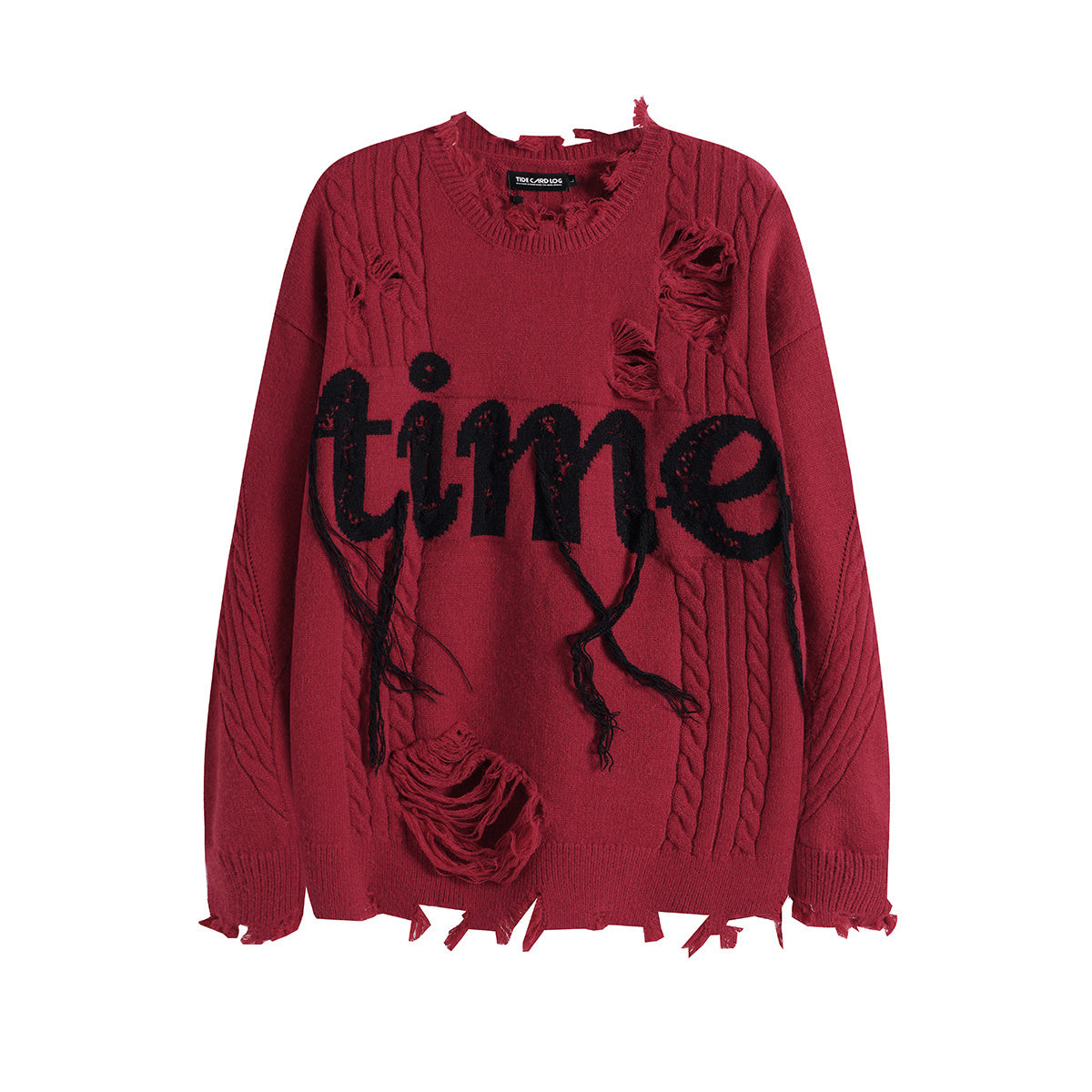 Unisex Streetwear Cable-Knit Sweater with Distressed Lettering