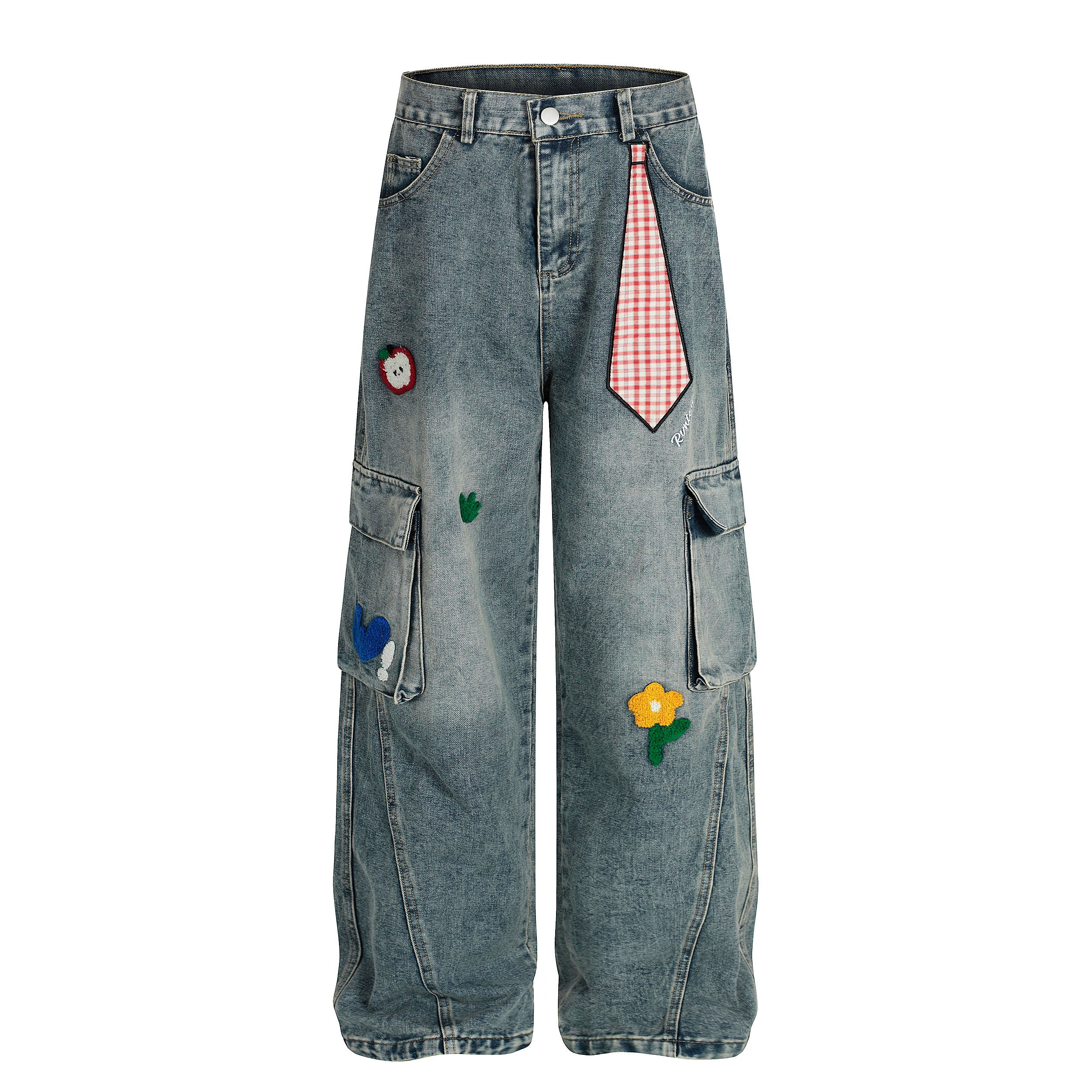 DONOTLOGO Urban Streetwear Collection | Unisex Relaxed Silhouette Cargo Jeans | Bold Plaid Tie & Fruit Motif & Soft Denim Fabric