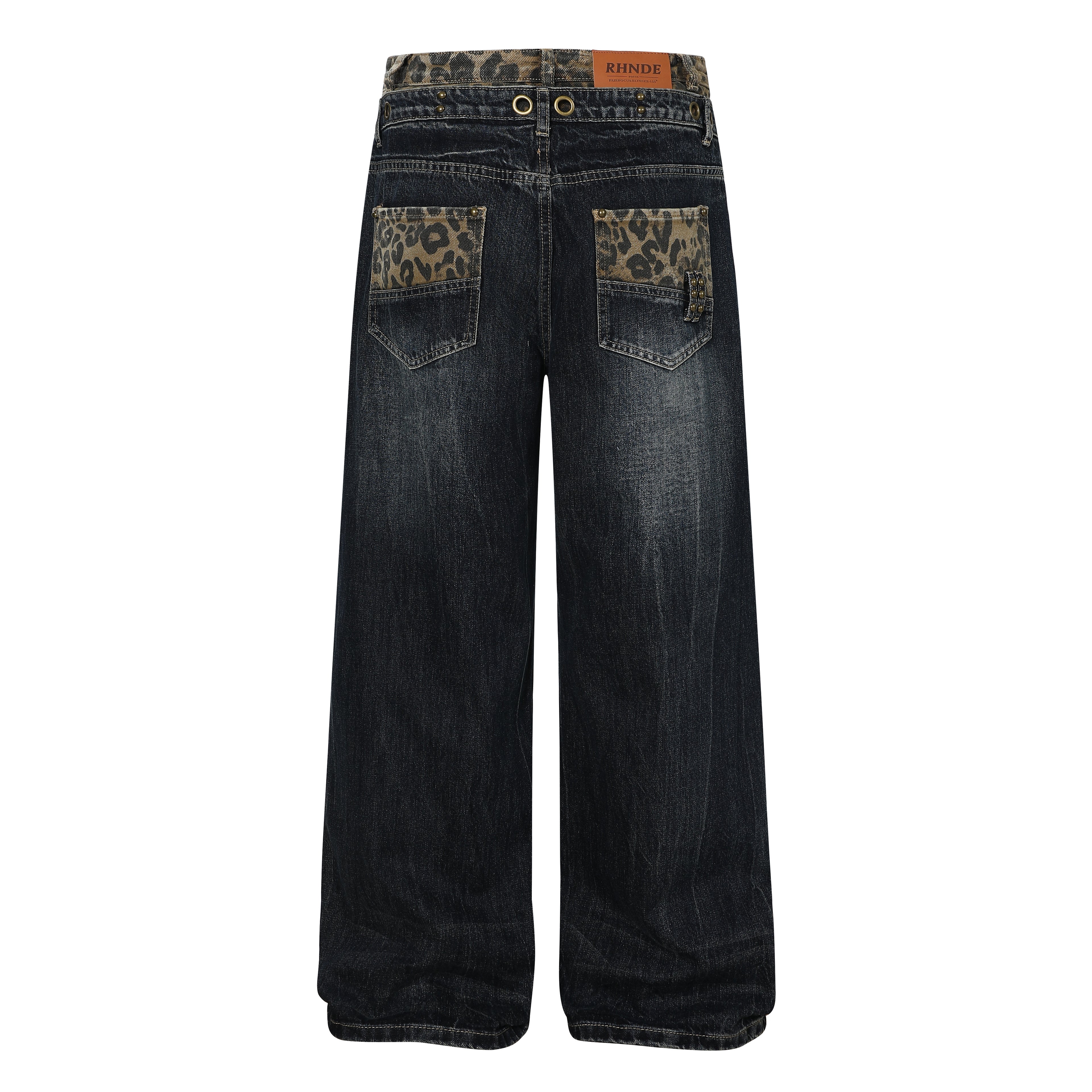 Unisex Whisker Leopard Print Waist Denim Jeans