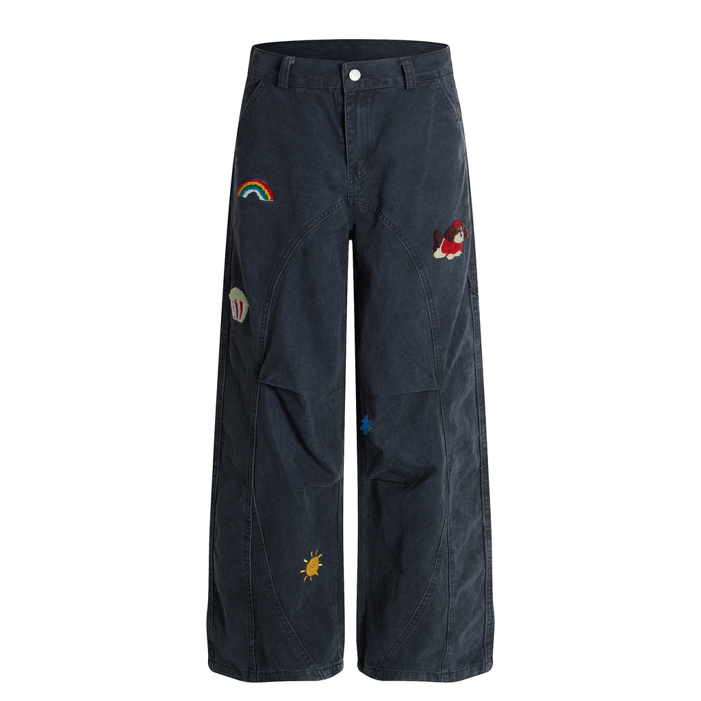 DONOTLOGO Urban Streetwear Collection | Unisex Relaxed Silhouette Cargo Pants | Bold Rainbow & Puppy Motif & Soft Denim Fabric