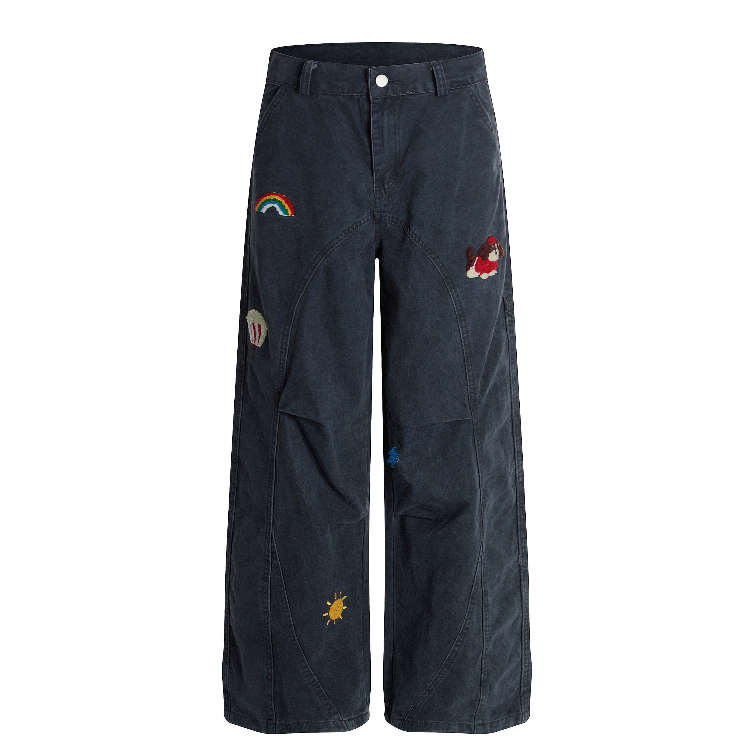 DONOTLOGO Urban Streetwear Collection | Unisex Relaxed Silhouette Cargo Pants | Bold Rainbow & Puppy Motif & Soft Denim Fabric