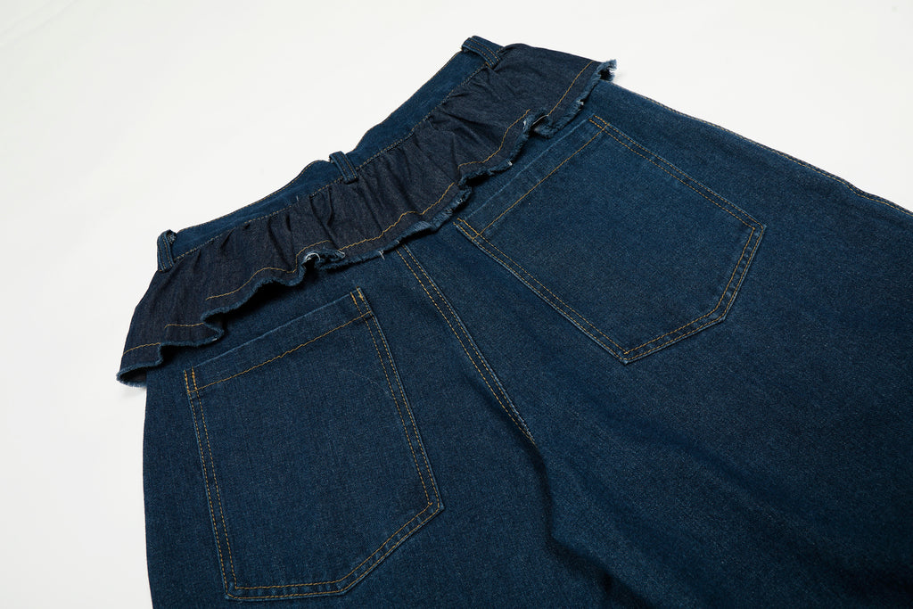 DONOTLOGO Sweet Streetwear Collection | Unisex Relaxed Fit Denim Jeans | Delicate Ruffle Waistband & Hanging Charm Motif with Classic Cotton Denim Fabric