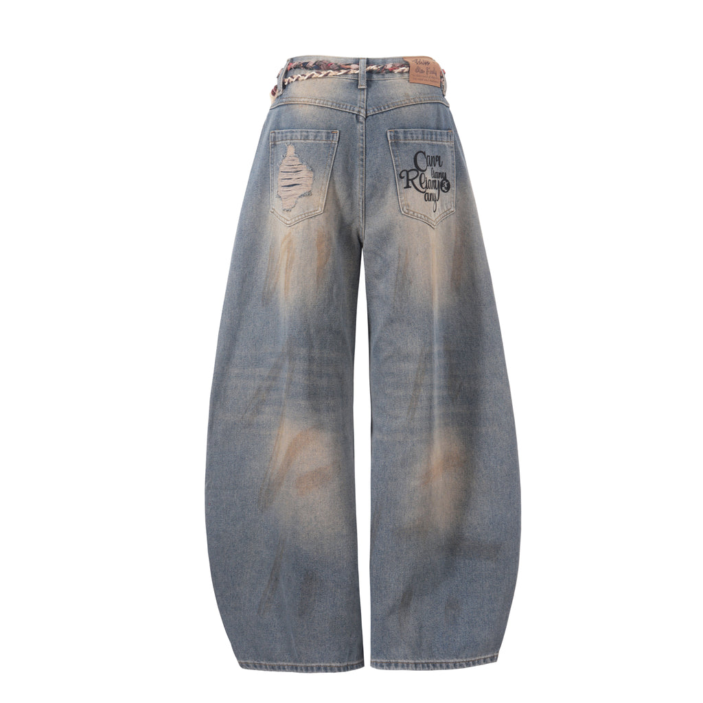 DONOTLOGO Grunge Streetwear Aesthetic | Unisex Oversized Balloon Jeans | Mud-Wash Denim with Detachable Plaid Sash & Gothic Embroidery