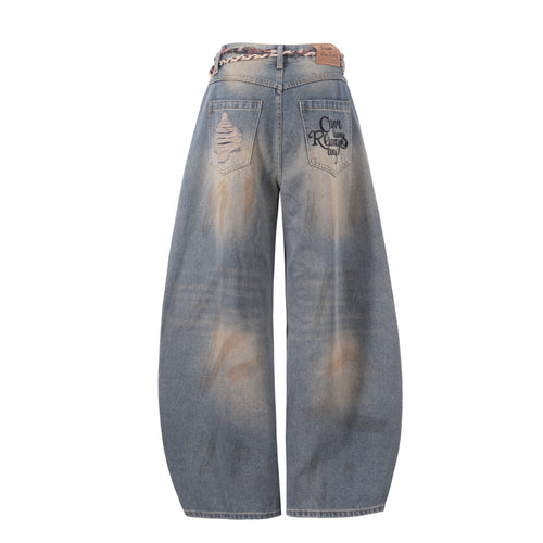 DONOTLOGO Grunge Streetwear Aesthetic | Unisex Oversized Balloon Jeans | Mud-Wash Denim with Detachable Plaid Sash & Gothic Embroidery