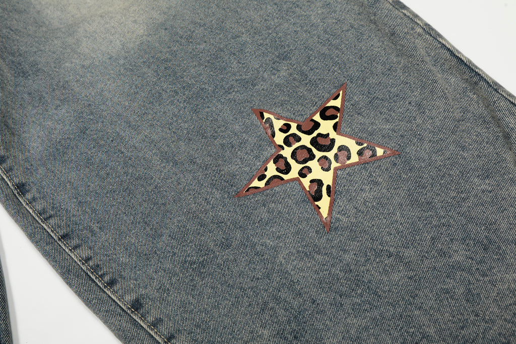 DONOTLOGO Urban Streetwear Collection | Unisex Relaxed Silhouette Jeans | Bold Leopard Star Motif & Soft Denim Fabric