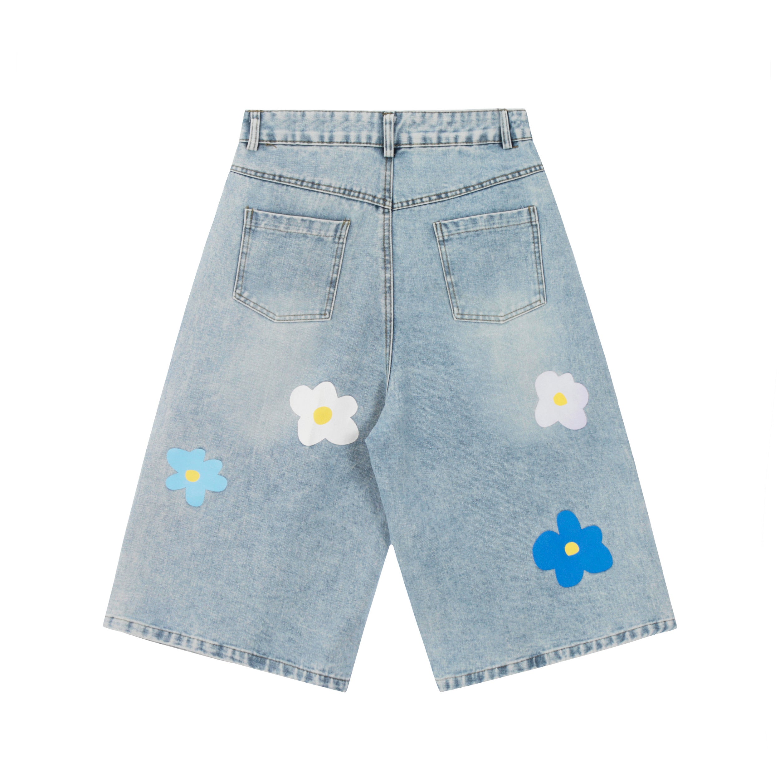 DONOTLOGO Unisex Flower Patch Denim Shorts | Light Wash, High-Waist | Loose Fit Summer Must-Have