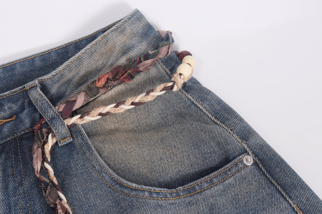 DONOTLOGO Grunge Streetwear Aesthetic | Unisex Oversized Balloon Jeans | Mud-Wash Denim with Detachable Plaid Sash & Gothic Embroidery