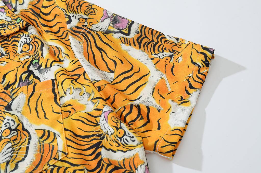 DONOTLOGO Roaring Tiger Head Cuban Collar Shirt | Vintage Style | All-Over Tiger Print | Relaxed Fit, Slimming