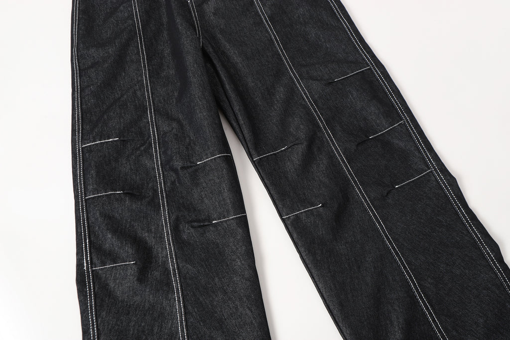 DONOTLOGO Deconstructed Black Baggy Denim Pants | Unisex Y2K Wide Leg Trousers with Bold White Stitching | High Street Relaxed Fit Bottoms