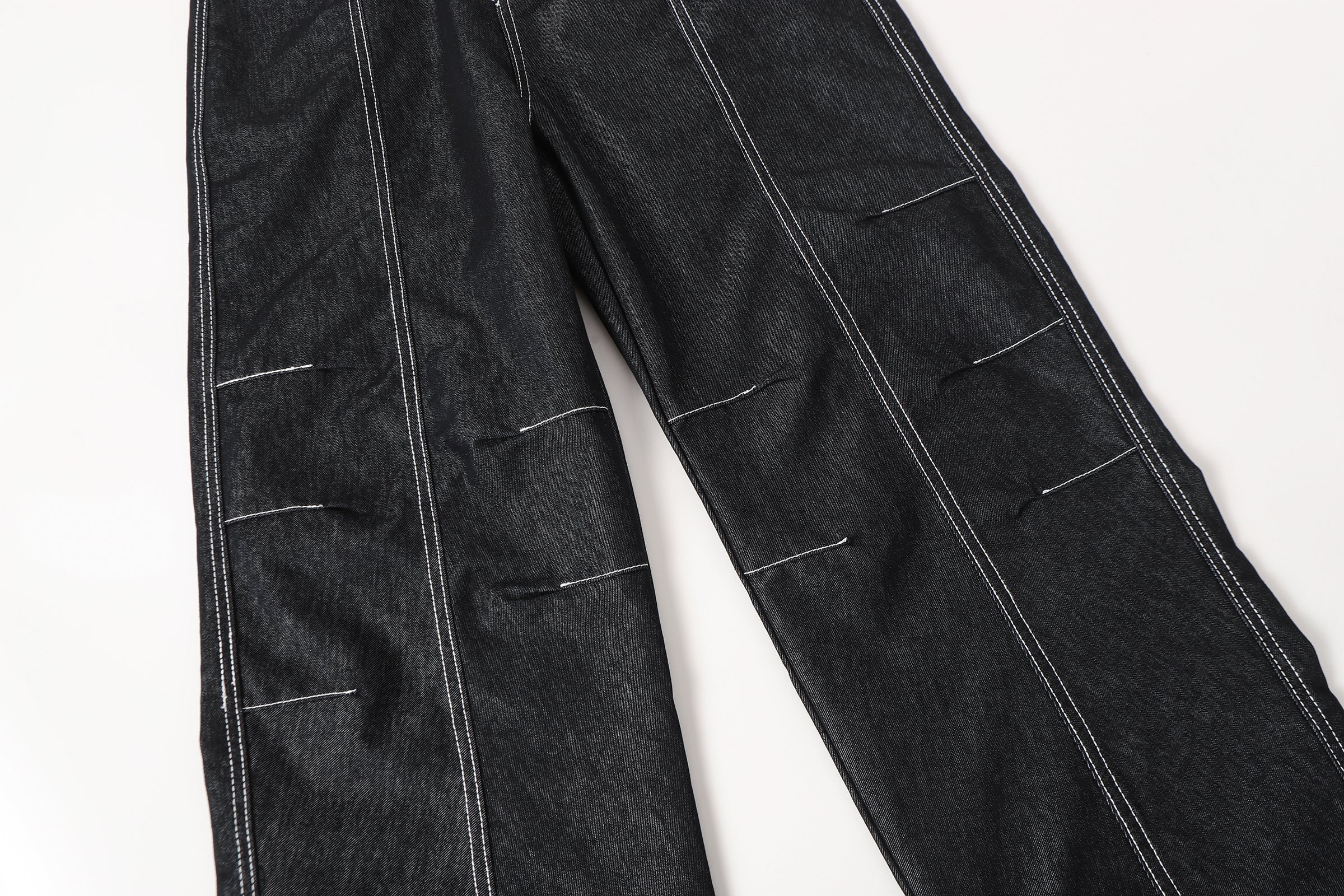DONOTLOGO Deconstructed Black Baggy Denim Pants | Unisex Y2K Wide Leg Trousers with Bold White Stitching | High Street Relaxed Fit Bottoms