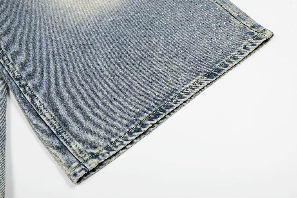 DONOTLOGO Glitter & Grit Collection | Unisex Relaxed Fit Denim Cropped Pants | Sparkling Rhinestone Detail with Vintage Wash Finish & High-Rise Waistband
