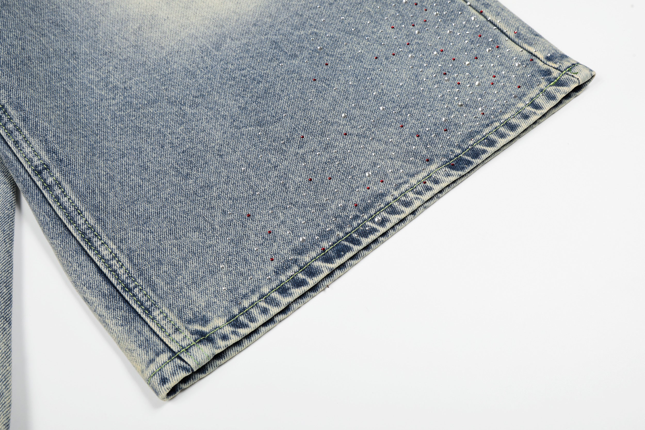 DONOTLOGO Glitter & Grit Collection | Unisex Relaxed Fit Denim Cropped Pants | Sparkling Rhinestone Detail with Vintage Wash Finish & High-Rise Waistband